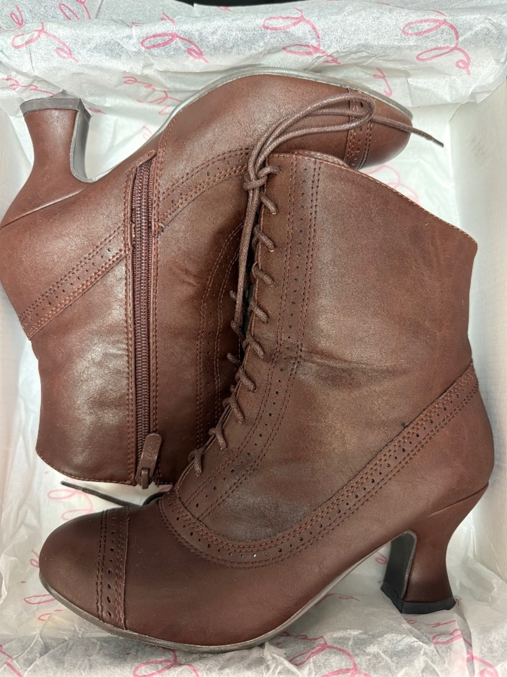 Poshmark Title  Brown Victorian Lace-Up Ankle Boots Size 8 – 2.5” Heel